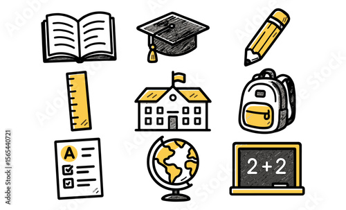 Education and learning icons including school, book, backpack, and more