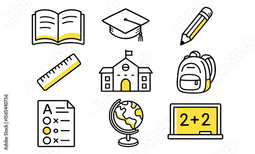 Education and learning icons including school, book, backpack, and more