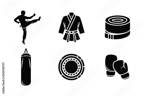 Martial arts equipment and fighter silhouette karate kickboxing