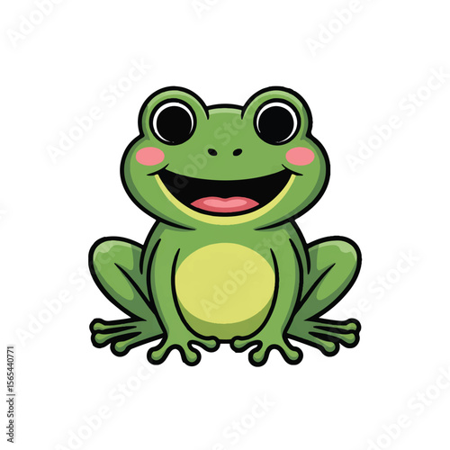 Adorable cartoon green frog with wide open mouth and rosy cheeks sitting and smiling happily on a white background