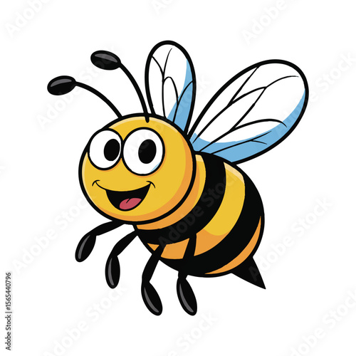 A cheerful cartoon bee with large eyes and a wide smile flies happily against a white background