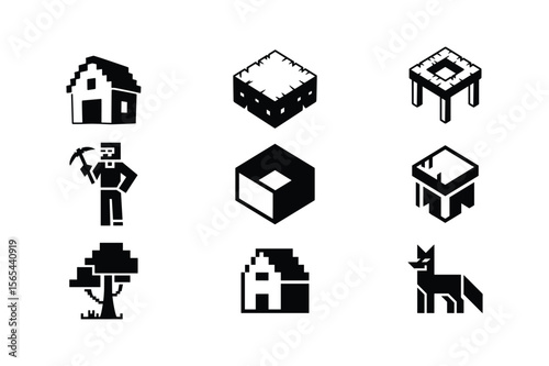 Pixelated building bundle with miner tree and animal pixel art icons