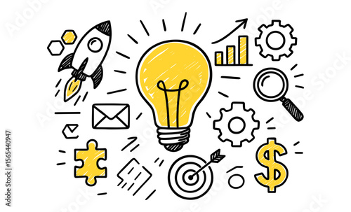 Business strategy, growth, and idea development concepts with rocket, gears, and light bulb