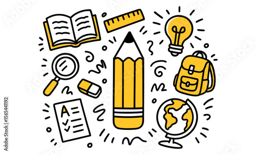 Back to school education concept with icons of books, pencil, backpack, and globe