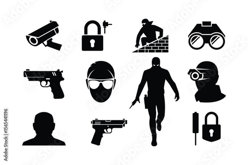 Security surveillance and crime icons bundle security camera padlock