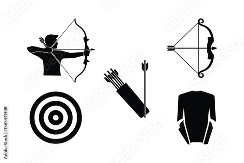 Silhouette archer aiming bow and arrow with target quiver and chest guard archery