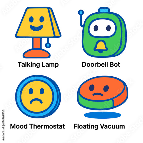 Four colorful icons depicting smart home devices, including a talking lamp, doorbell bot, mood thermostat, and floating vacuum.