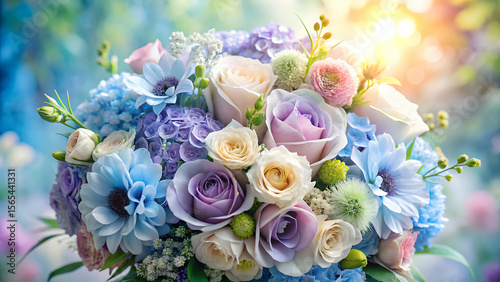 Glowing pastel flower bouquet with blue purple white blooms