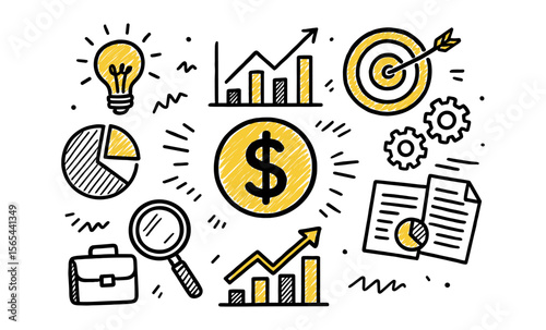 Business strategy and finance concept with charts, gears, dollar sign, briefcase, and target