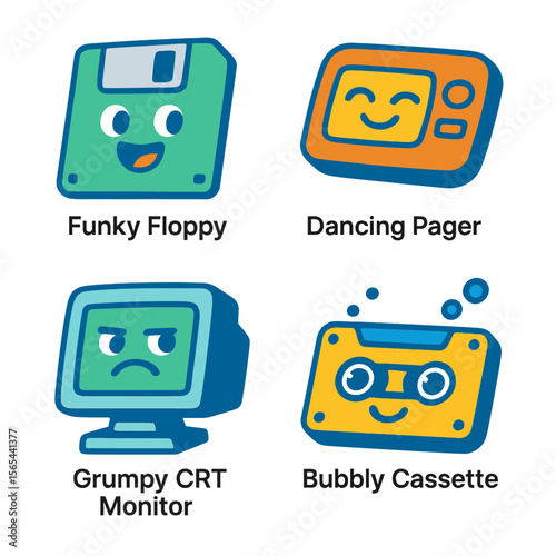 Retro tech icons with expressive faces; floppy disk, pager, monitor, cassette tape.