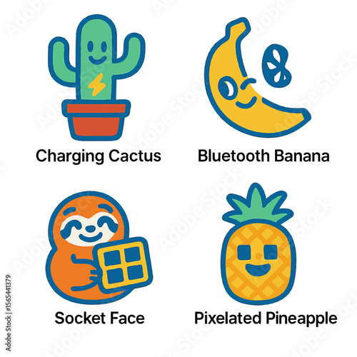 Four whimsical cartoon illustrations of anthropomorphic fruits and objects with technology themes.