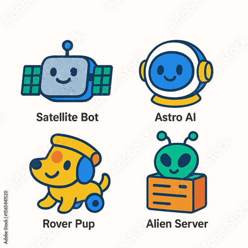 Cute cartoon robots, astronaut, dog, and alien server icons.