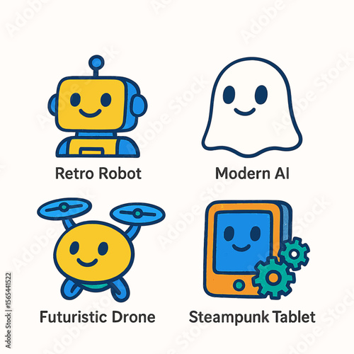 Four charming cartoon icons depict a retro robot, modern AI ghost, futuristic drone, and steampunk tablet.