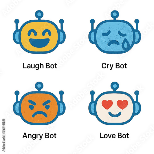 Four robot illustrations expressing different emotional states, each with a unique facial expression.