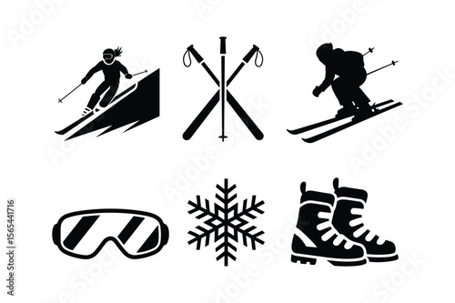 Skiing silhouettes bundle with goggles snowflake and boots skier ski poles