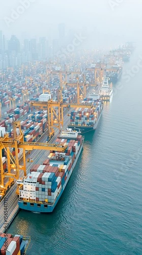 An aerial view of a bustling shipping port, featuring numerous cargo containers and cranes