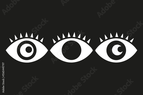 Three stylized eyes with different pupils on a black background