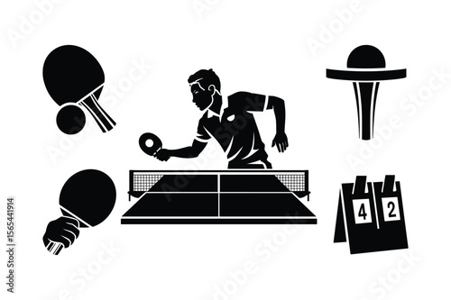 Table tennis player hitting ball with rackets and scoreboard ping pong