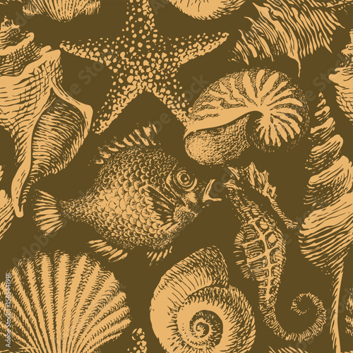 Seamless pattern with sea animals, fish, seahorse and shells. Vintage style illustration. Wallpaper, wrapping paper, textile, fabric, ceramic tile, Packaging, souvenir, postcard. Print, T-shirt design