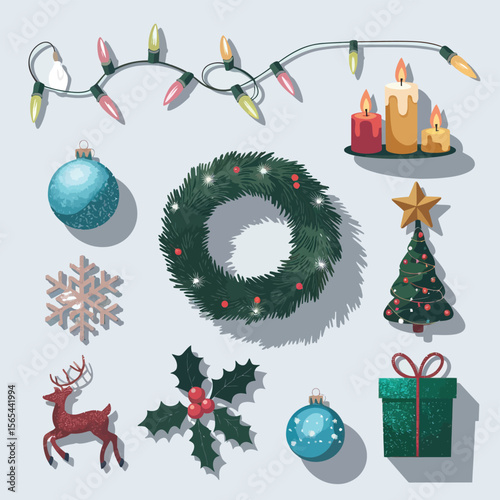 vector Happy New Year Celebrating 2025 in Latin letters , Christmas Decoration Items Santa Claus