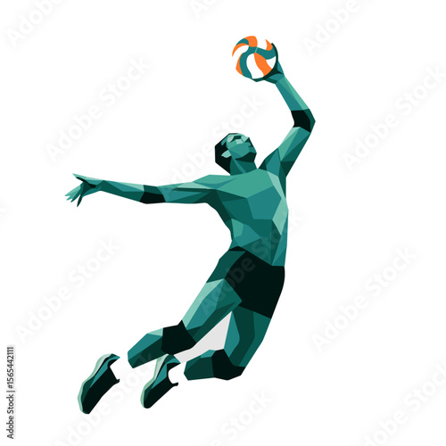 Abstract Volleyball Player Vector – Geometric Sports Illustration of Athlete Spiking Ball in Mid-Air on a transparent background.