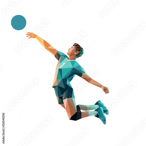 Abstract Volleyball Player Vector – Geometric Sports Illustration of Athlete Spiking Ball in Mid-Air on a transparent background.