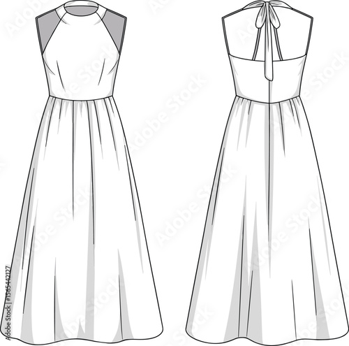 Halter neck backless maxi dress with waistband and tie closure, fashion flat sketch front and back technical vector template for designers.