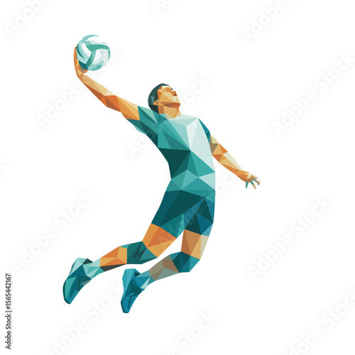 Abstract Volleyball Player Vector – Geometric Sports Illustration of Athlete Spiking Ball in Mid-Air on a transparent background.