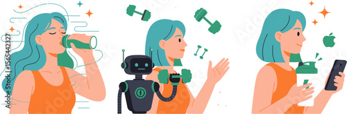Fitness and technology concept with woman robot and phone vector illustration