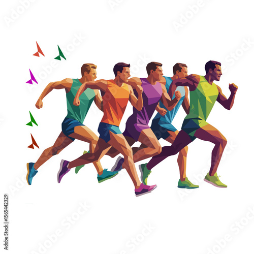 Abstract Running Team Vector – Colorful Group of Runners in Dynamic Motion with Geometric Shapes. polygon art on a transparent background