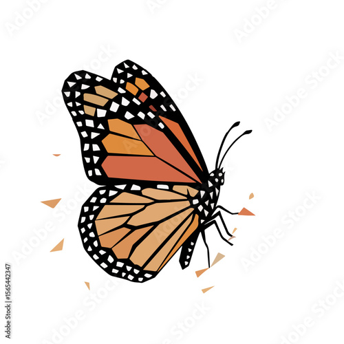 Abstract Butterfly Fragmenting – Geometric Orange Wings Breaking Apart on White Background