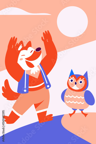 A friendly wolf howling playfully next to an owl on a glowing moonlit hill.