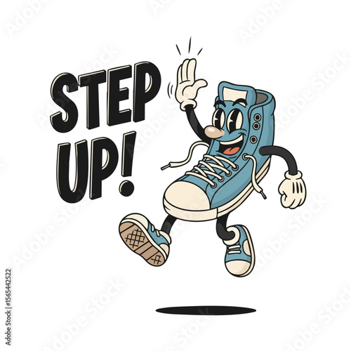 Cartoon Character Illustration of a Blue Shoe Stepping Up with Enthusiasm