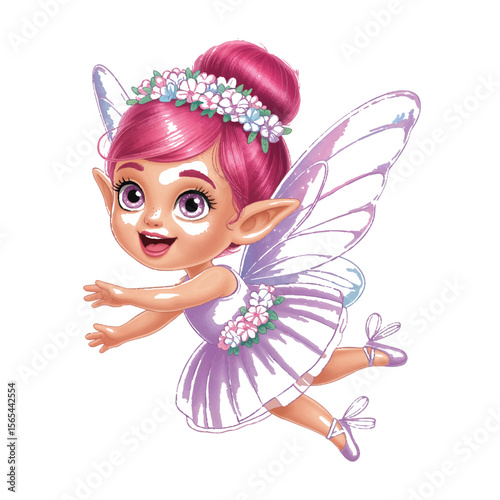 A joyful cartoon fairy with pink hair and a flower crown is flying with outstretched arms and wearing a white tutu and ballet shoes