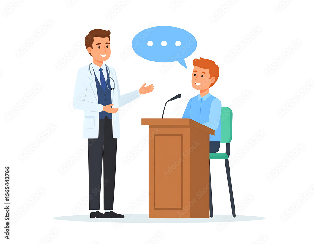 Cartoon speech therapist engages with student during session, fostering communication and learning in supportive environment Cartoon speech therapist engages with student during session, fostering communication and learning in supportive environment