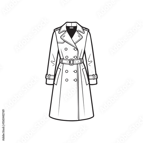 Fashionable classic trench coat illustration with double breasted buttons and belted waist on white background