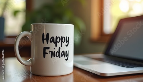 White mug with “Happy Friday” text on saucer beside laptop on wooden desk. A cozy, motivational workspace scene ideal for lifestyle content, remote work visuals, and end-of-week inspiration.