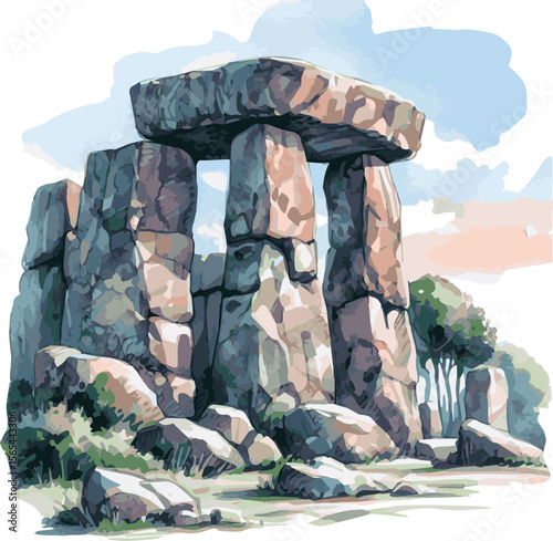 Watercolor Vector Illustration of an Ancient Rocky Monument