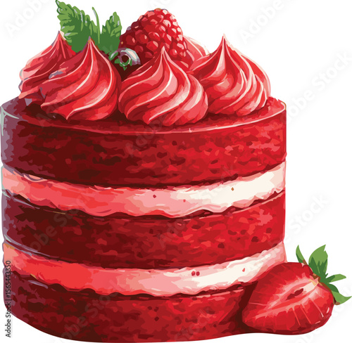Vector watercolor painted illustration of a piece of red velved cake 