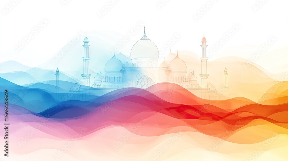 Obraz premium Colorful abstract design featuring a mosque silhouette.