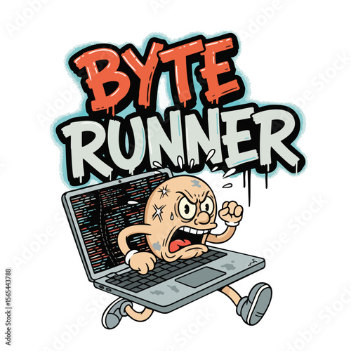 Cartoon Style Annoyed Byte Runner Character Illustration from Laptop Computer
