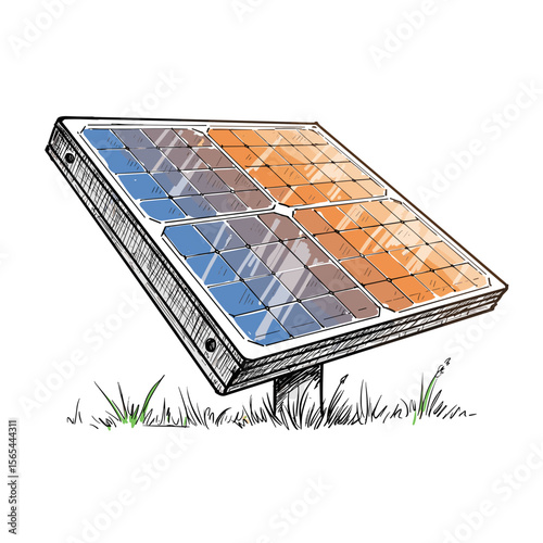 Solar panel illustration on grass with a blue and orange design  