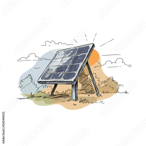Solar panel installation in nature with sun and clouds in background  