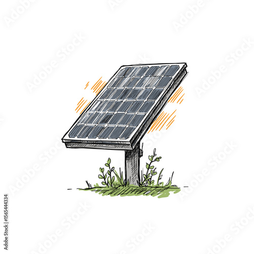 Solar panel on stand in grassy field with sunlight rays  