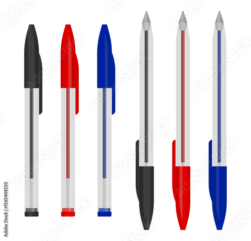 Flat vector set of red, blue, and black ballpoint pens with open and closed caps.