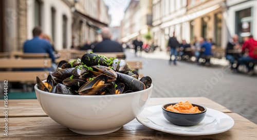 A bowl of steamed mussels recipe with a dip in a europe restaurant