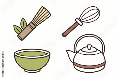 Japanese Traditional Tea Ceremony Icons Set - Matcha, Whisk, Kettle & Bowl Illustrations