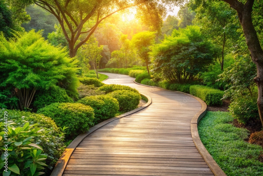Fototapeta premium A winding wooden path curves through a lush green park bathed in sunlight