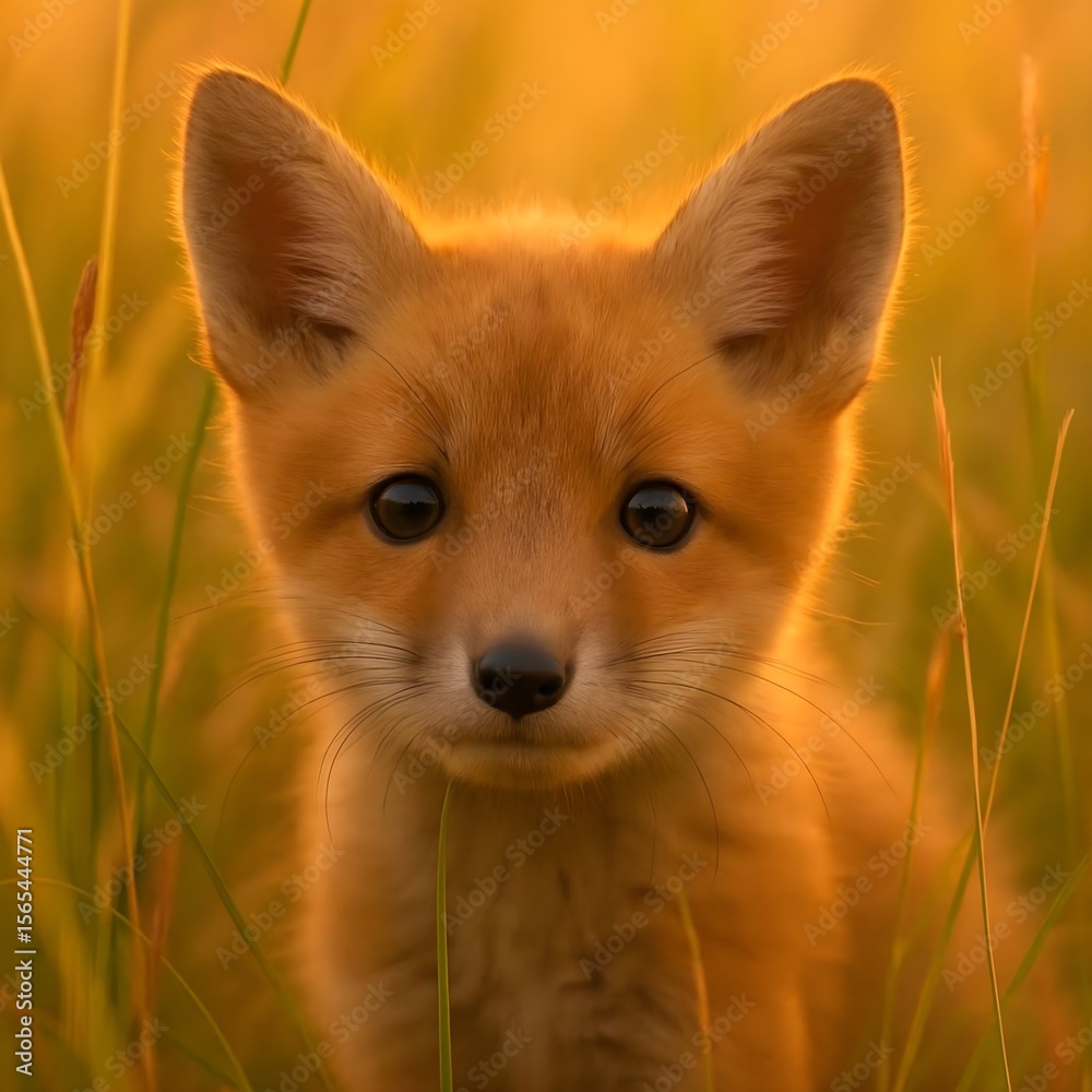 Fototapeta premium Curious Baby Fox in Golden Grass