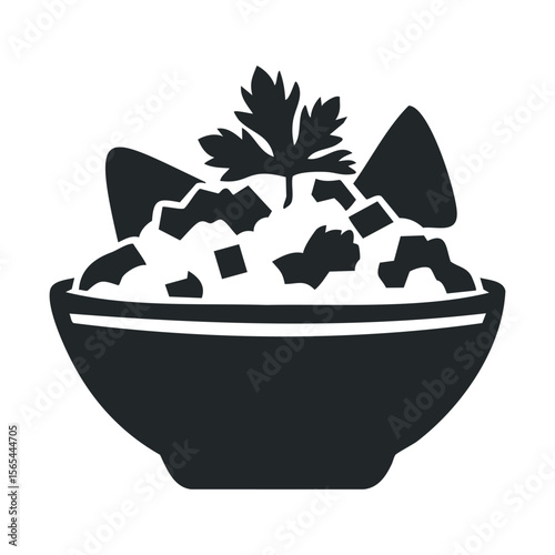 Silhouette of guacamole bowl with tortilla chips and cilantro garnish